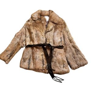 DINO RICCO Vintage Rabbit Fur Coat with Leather Belt in Light Brown M